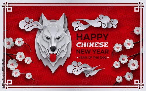 Chinese new year banner, symbol 2018 year of the dog, zodiac sign, head of dog with traditional sakura cherry flowers, asian clouds. Oriental background for your paper cut design, vector illustration