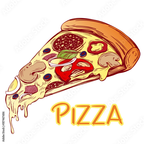 Italian pizza slice , Pizza design template, logo hand drawn vector illustration realistic sketch