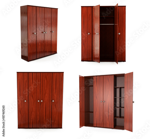 Fototapeta Naklejka Na Ścianę i Meble -  Empty open wooden wardrobe isolated on the whitebackground. 3d illustration set