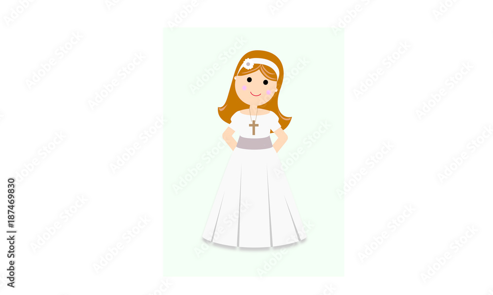 Girl in communion dress on green background Girl in communion dress on green background