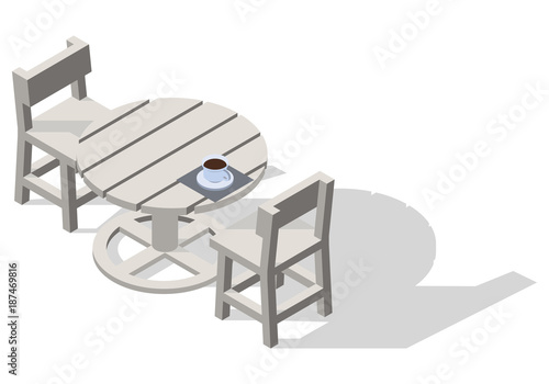 Low poly isometric round table with chairs and a cup of coffee