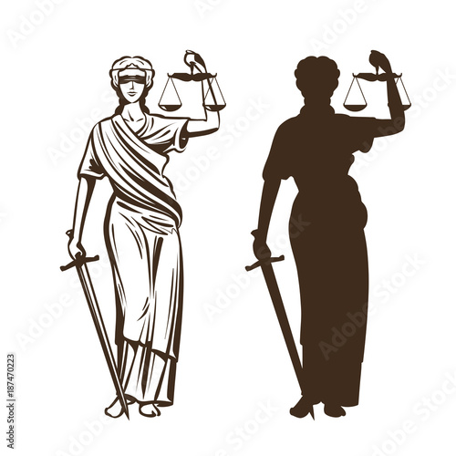 Goddess of justice. Themis with blindfold, scales and sword in hands. Vector illustration photo