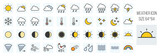 weather forecast filled line icons set in grid system with elements such as rooster weather vane, rainbow, thermometer, wave sign, humidity sign, eclipse lunar and sun, storm, meteor