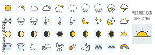 weather forecast filled line icons set in grid system with elements such as rooster weather vane, rainbow, thermometer, wave sign, humidity sign, eclipse lunar and sun, storm, meteor