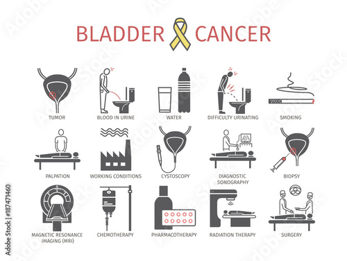 Bladder Cancer. Symptoms, Causes, Treatment. Flat icons set. Vector signs for web graphics, magazines, brochures.