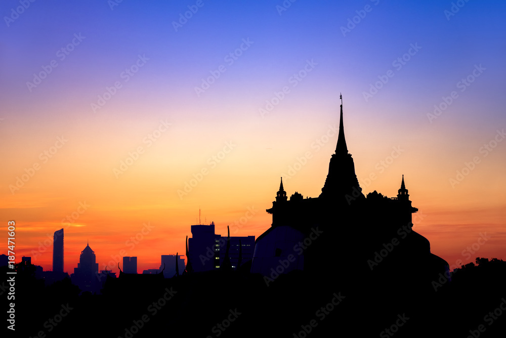 Golden Mount Temple twilight view, Travel Landmark of Bangkok Thailand.