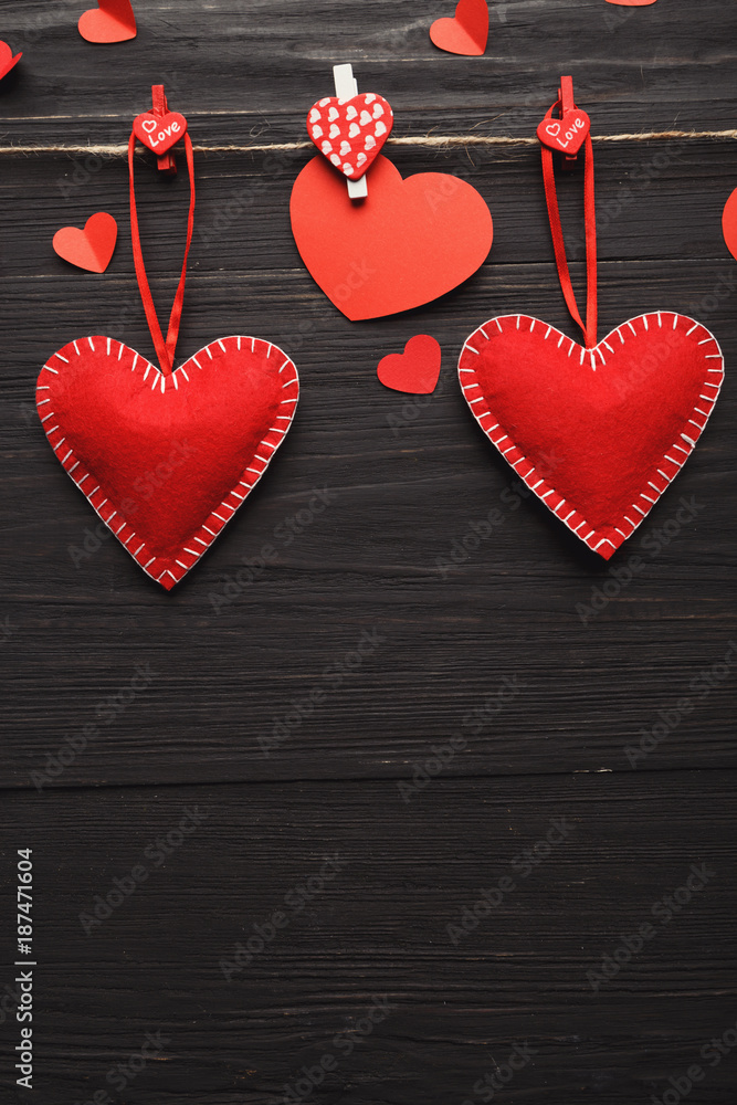 Valentine day background, handmade hearts on wood with copy space Valentine day background, handmade hearts on wood with copy space