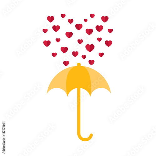 Vector yellow outdoor umbrella and floating red hearts for Valentine's day vector illustration isolated elements on white background. Vector rain of hearts