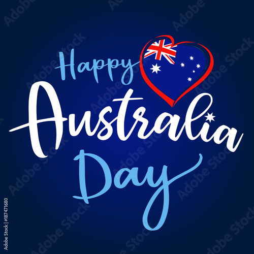 Happy Australia Day lettering and flag in heart greeting card. Vector illustration for 26th january Australia day lettering banner background with national flag colors