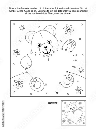 Valentine's Day themed connect the dots picture puzzle and coloring page with teddy bear and heart. Answer included.
