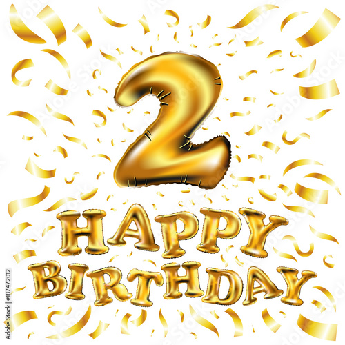 Happy Birthday Balloon number 2 Two. Realistic 3D isolated gold helium balloon abc alphabet golden font text. Decoration element for birthday or wedding greeting design on white background