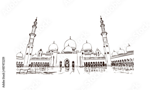 Abu Dhabi, Sheikh Zayed Mosque, hand drawn illustration, sketch vector. Eid Mubarak and Ramadan Kareem greeting. 