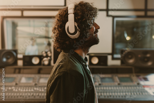 Foto side view of sound producer in headphones enjoying music at studio