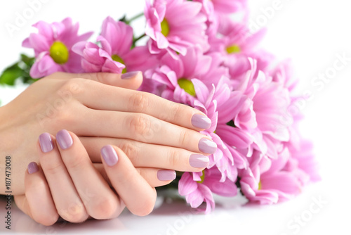 Hands of a woman with pink manicure on nails and pink flowers on a white background