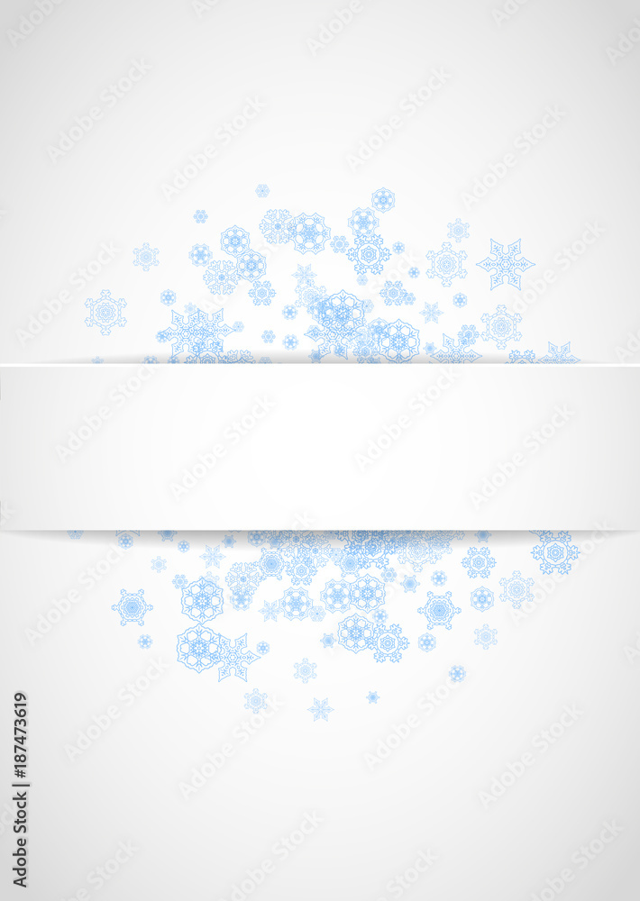 New Year frame with blue snowflakes on white paper background. Vertical Christmas and New Year frame for gift certificate, ads, banner, flyer, sales offers, event invitations. Frosty snow with sparkle