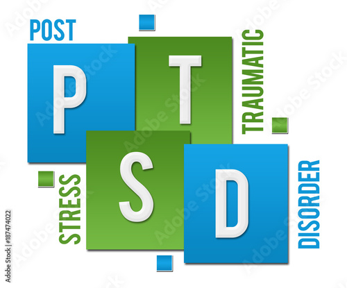 PTSD - Post Traumatic Stress Disorder Green Blue Squares Text 