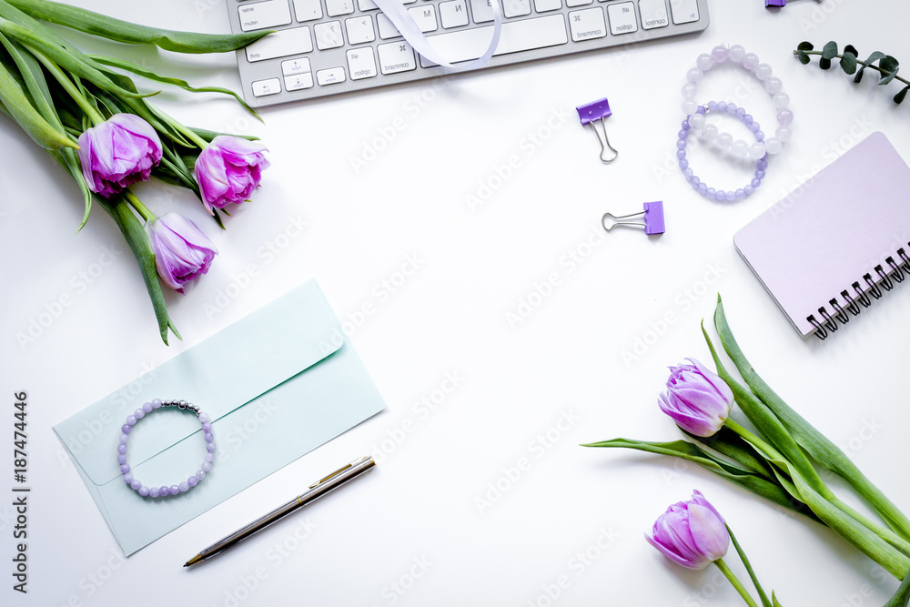 Work with flowers in home office concept top view Work with flowers in home office concept top view