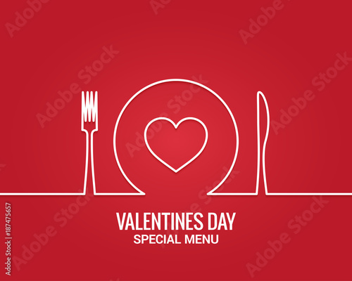 Valentines day menu. Fork and knife with plate line.