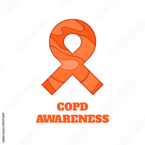 COPD awareness poster. Orange ribbon made in 3D paper cut and craft style on white background. Chronic obstructive pulmonary disease symbol. Medical concept. Vector illustration.