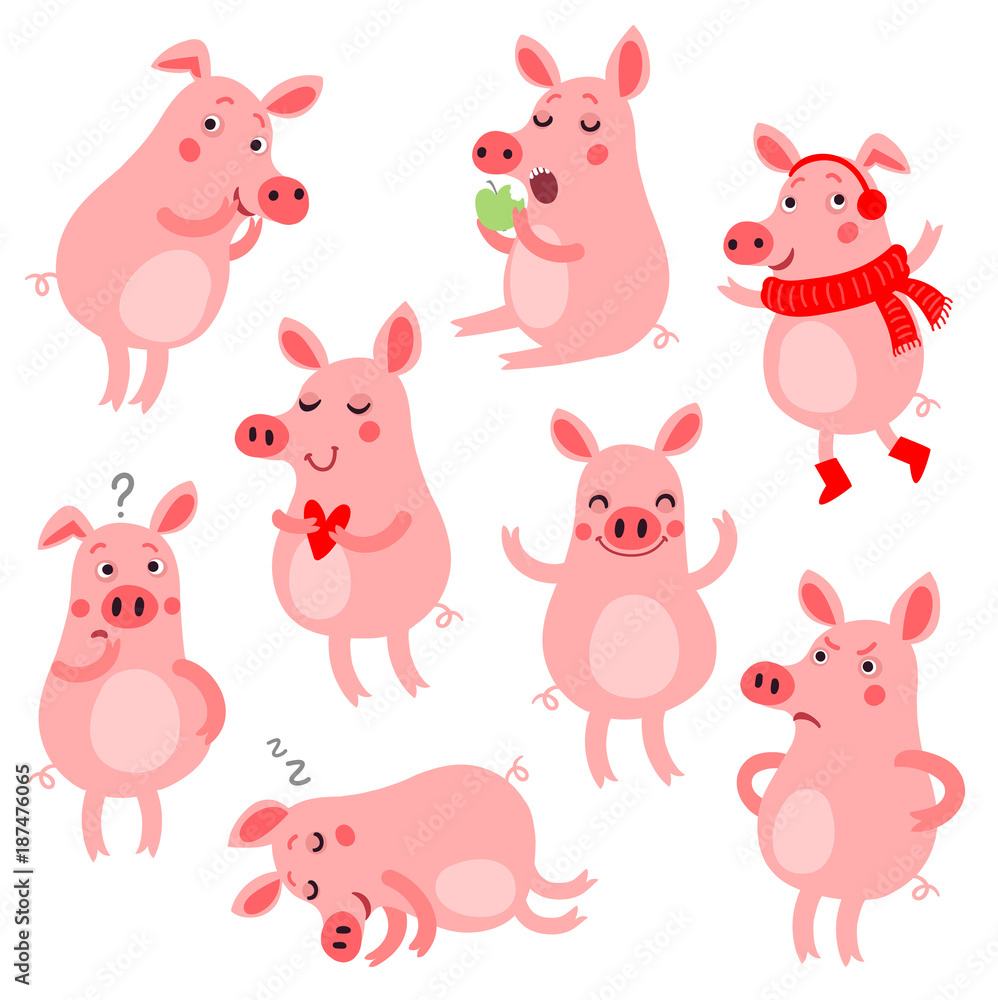 Set of funny and cute pigs. Vector