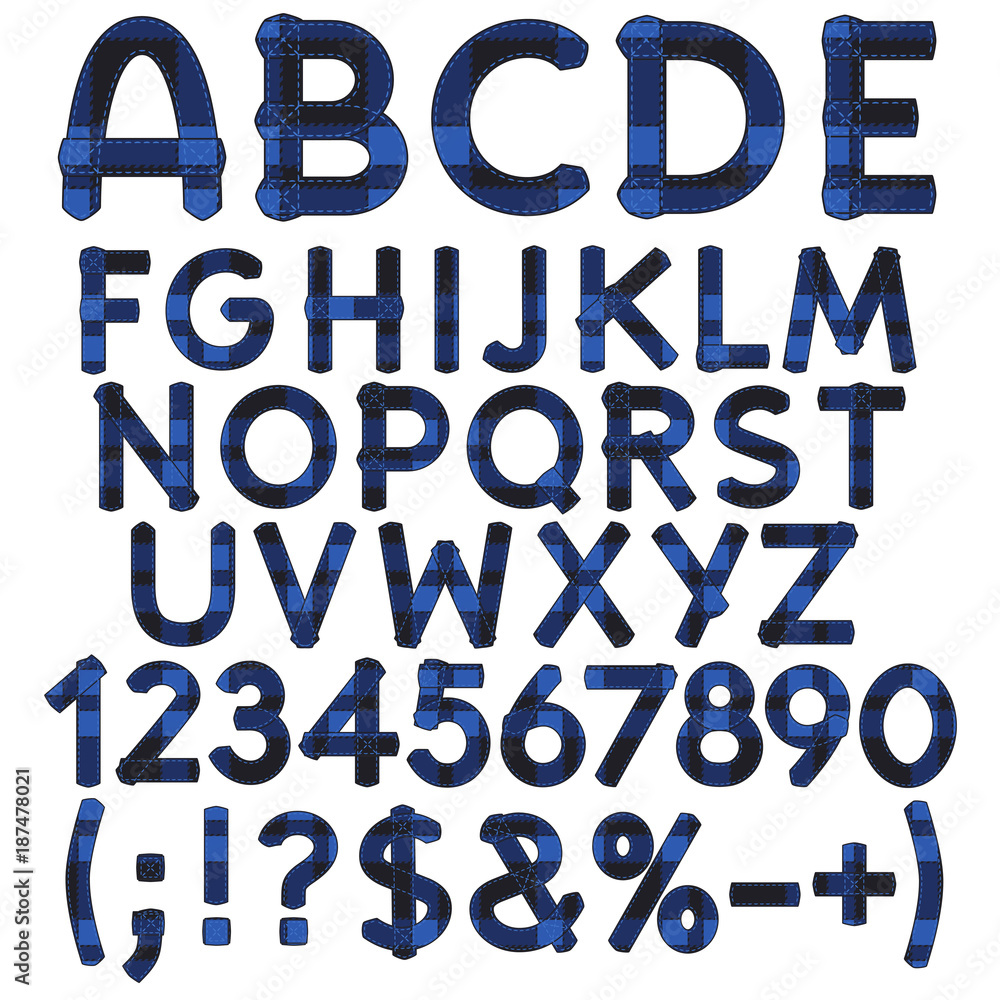 Alphabet, letters, numbers and signs from blue cloth tartan. Isolated vector objects on white background.