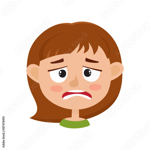 Little girl upset face expression isolated on white background.
