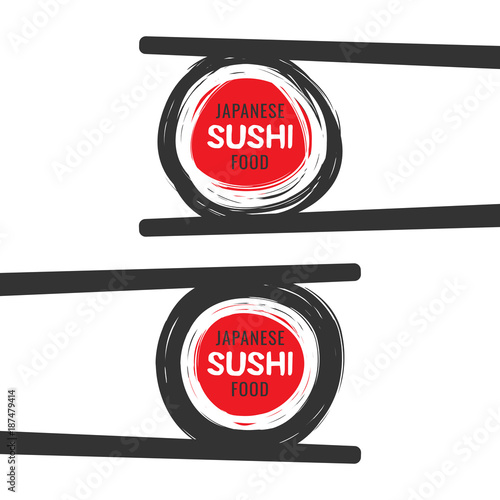 Set of hand drawn scribble colorful scribble sushi logo with chopsticks, vector design elements