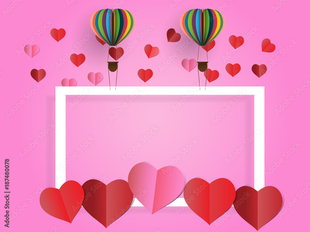 Paper art of hearts balloon and Rectangular frame, Valentine pink background. Vector illustration design.