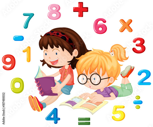 Two girls reading math book