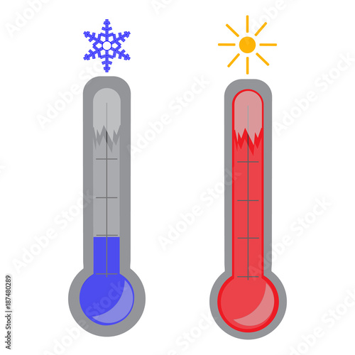 Set of thermometers with red and blue indicator isolated on white background. Illustration. Vector.