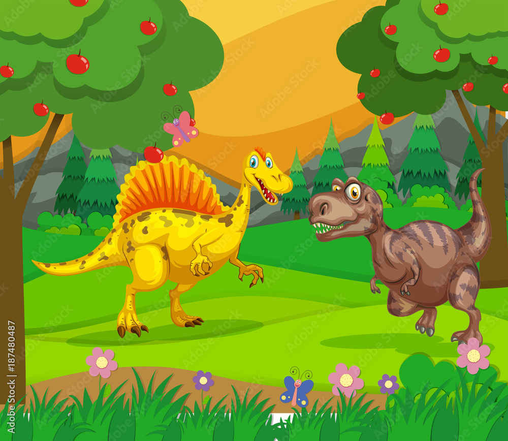 Fototapeta premium Spinosaurus and T-Rex in the field