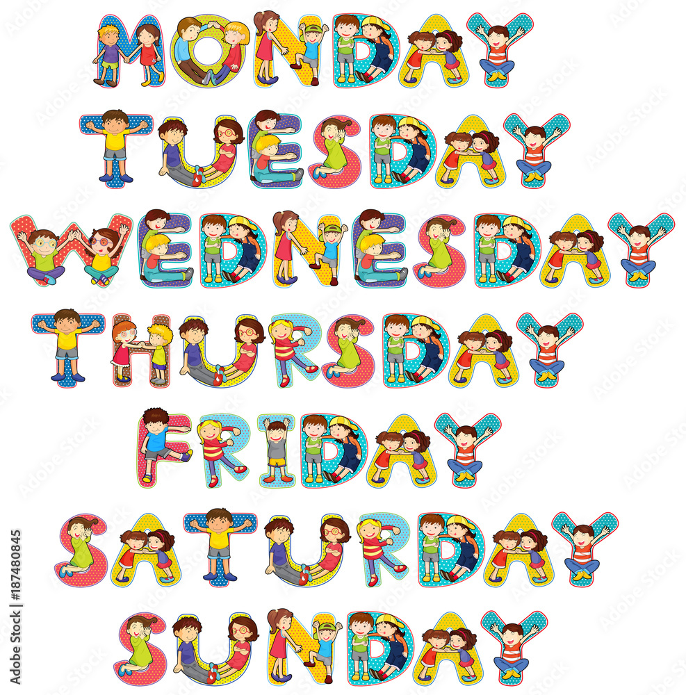 Font design for seven days of the week with kids