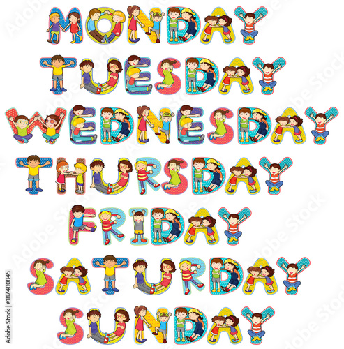 Font design for seven days of the week with kids