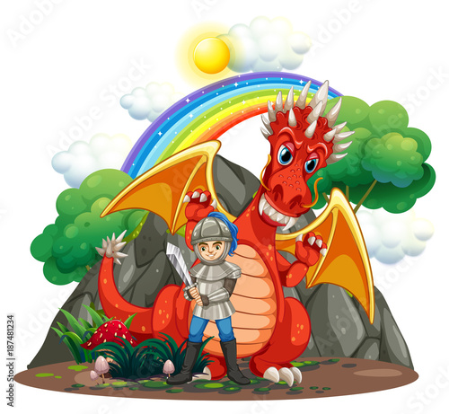 Red dragon and knight with sword