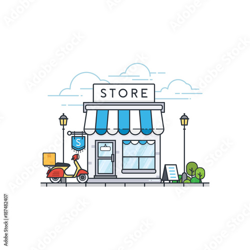 Online store building. Store front and scooter delivery. Street local retail shop building. Vector illustration