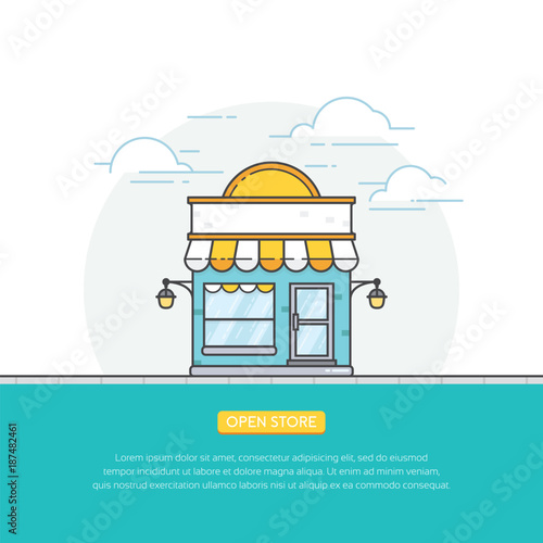 Open online store, store front building vector concept. Storefront illustration in flat style. Online shop, store banner design. Vector illustration