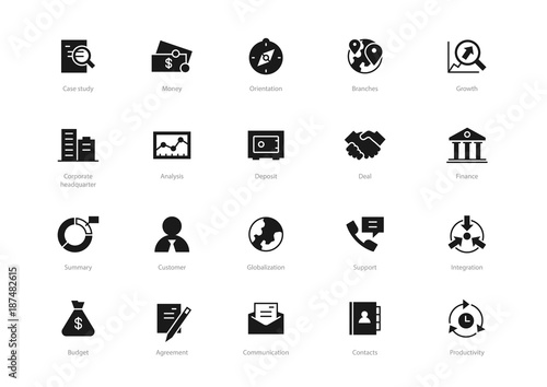 Set of black solid business icons isolated on light background. Contains such icons Case study, Communication, Analysis, Agreement, Integration and more.