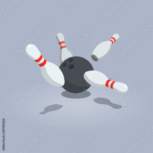 Vector illustration of scattered skittle and bowling ball isolated on light background with transparent shadows.