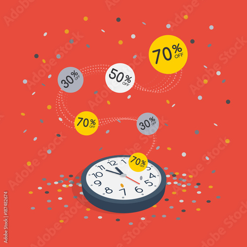 Special limited time sale symbol with wall watch and flying confetti isolated on red background. Easy to use for your design with transparent shadows.