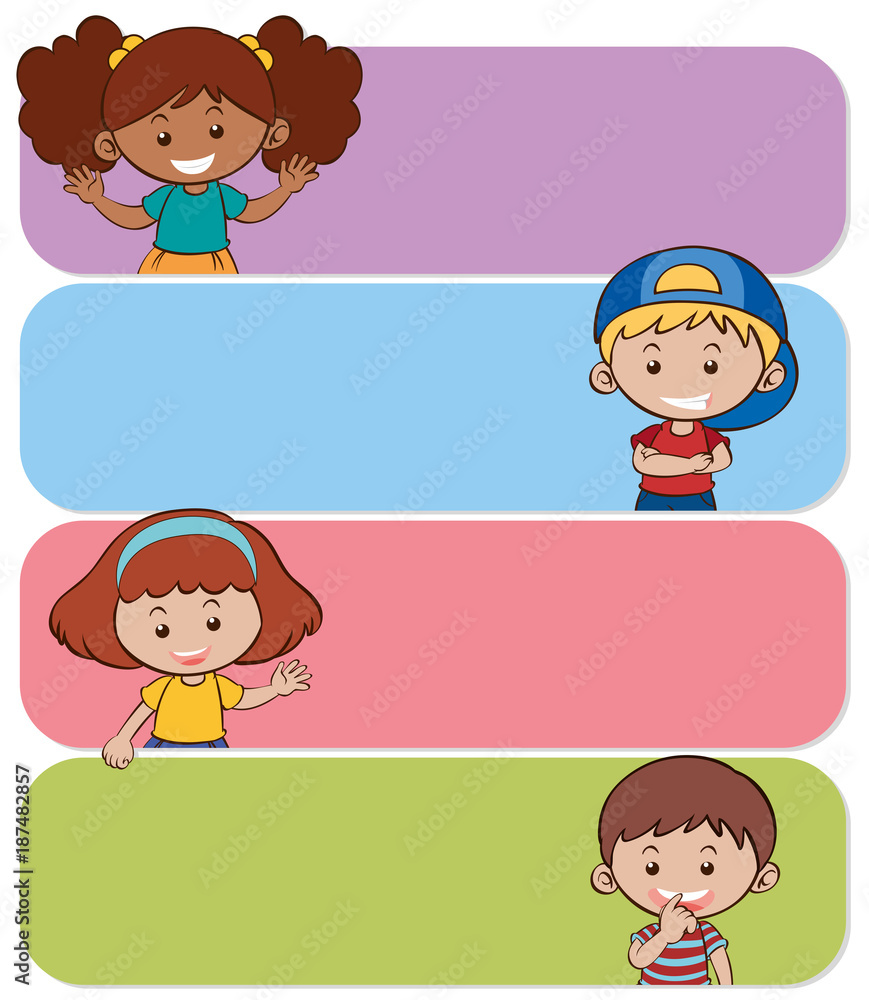 Four banners with happy kids