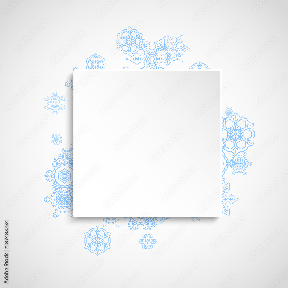Christmas snow on white background. Blue frame for winter banners, gift coupon, voucher, ads, party event. Paper banner with frosty Christmas snow. Square falling snowflakes for holiday Christmas snow on white background. Blue frame for winter banners, gift coupon, voucher, ads, party event. Paper banner with frosty Christmas snow. Square falling snowflakes for holiday