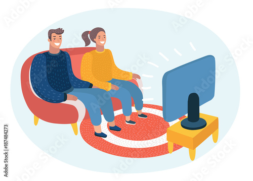 Couple Watching TV. TV audience. TV program. TV Broadcast. Hand drawn cartoon vector illustration.