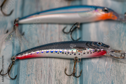 Lures On Wooden Background.Selective Focus