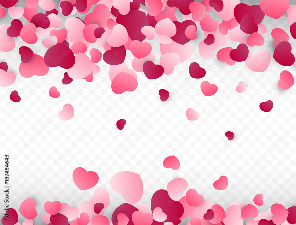 Valentines day background with pink hearts. Love background. Colorful confetti. Vector illustration