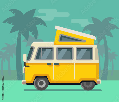 Vintage van. Summer vacation time, tropics.