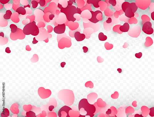 Valentines day background with pink hearts. Love background. Colorful confetti. Vector illustration