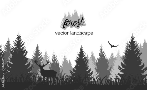 Naklejka Wektorowy rocznika lasu krajobraz z czarny i biały sylwetkami drzewa i dzikie zwierzęta