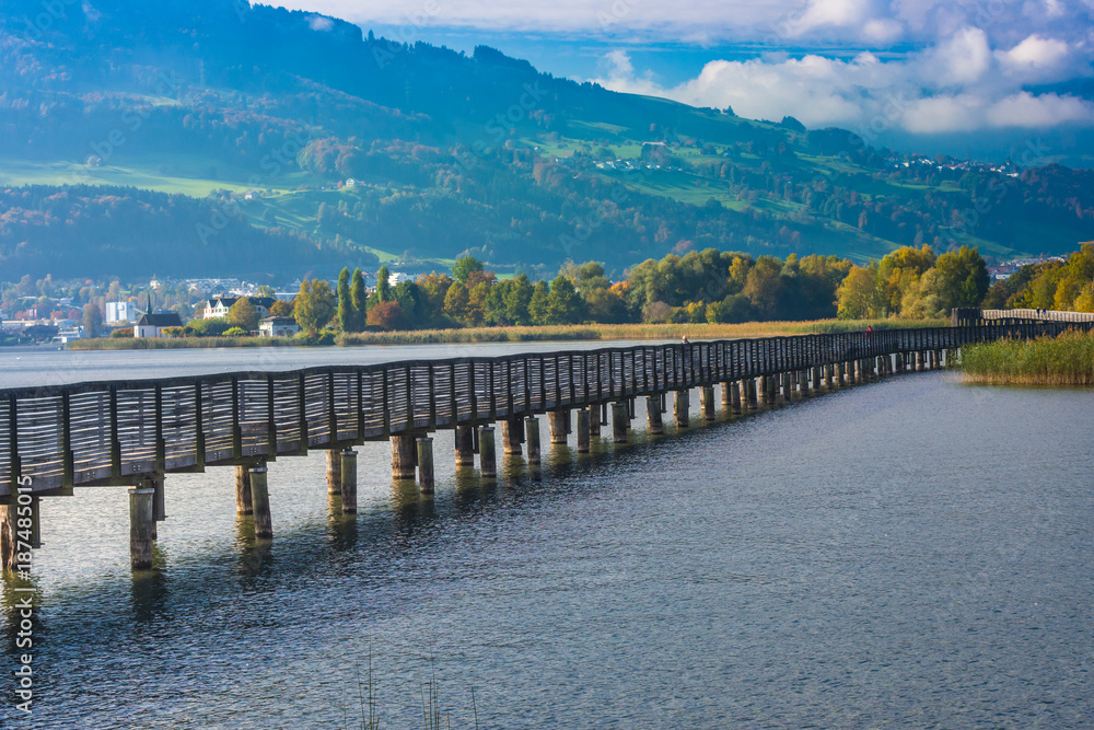 Wooden bridge, Way of St James, Lake Zurich, Switzerland