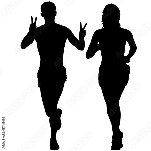 Silhouette of running girl and boy on White Background