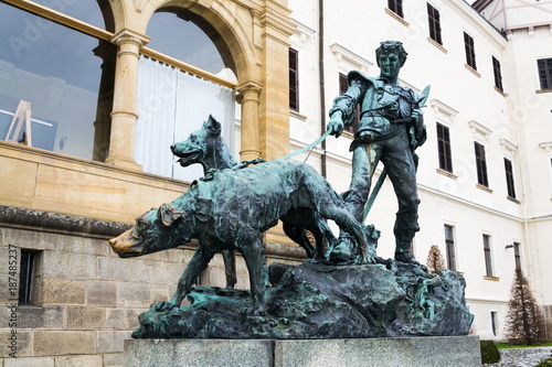 Bronze statue dog handler at Konopiste castle, Czech Republic